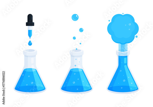Scientific experiment with Erlenmeyer flask and blue liquid reaction. Chemistry, laboratory research, education, and science, STEM concepts. Flat vector illustration isolated on white background
