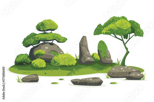 Japanese Garden Stones Moss Covered Zen Elements isolated illustration