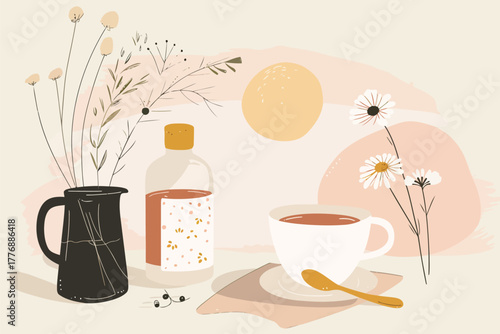 Morning self-care routine items on pastel background isolated illustration
