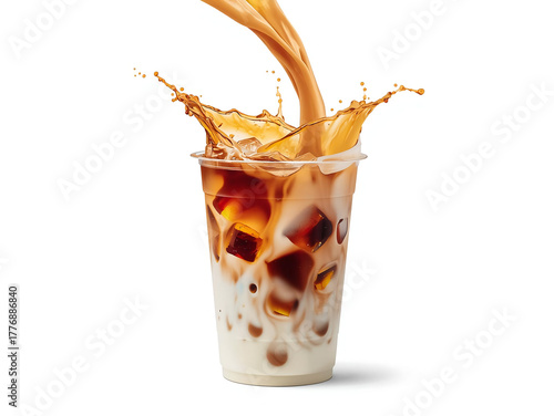 A transparent plastic cup with a smooth texture and rounded edges, filled with distinct layers of dark brown black tea and creamy white milk