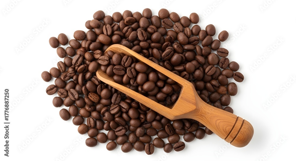 Obraz premium Coffee Beans and Wooden Scoop: A pile of roasted coffee beans is artfully arranged with a wooden scoop
