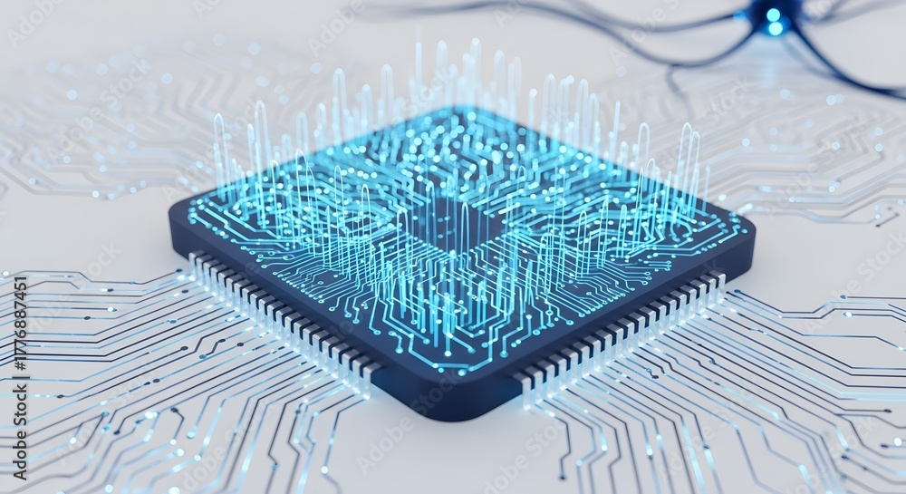 © Rafael - Digital Blueprint: The core of modern technology, a central processing unit (CPU) is visualized with glowing blue circuits, symbolizing the intricate world of processing and artificial intelligence.