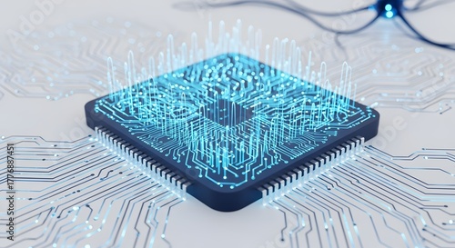 Digital Blueprint: The core of modern technology, a central processing unit (CPU) is visualized with glowing blue circuits, symbolizing the intricate world of processing and artificial intelligence.