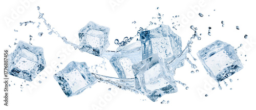 Ice cubes and splashing water in air on white background