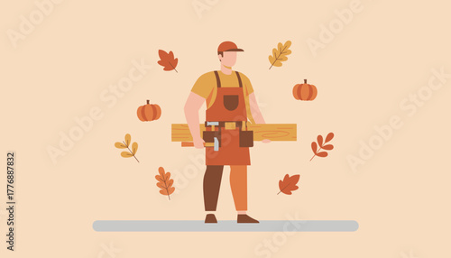 Carpenter holding wooden planks surrounded by fall leaves and pumpkins Home maintenance concept