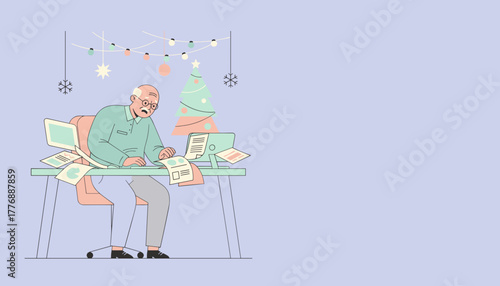 Overworked senior man doing paperwork at his desk during the Christmas holidays