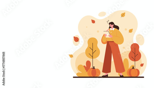 Tired woman using tablet in an autumnal park with pumpkins Fall season illustration