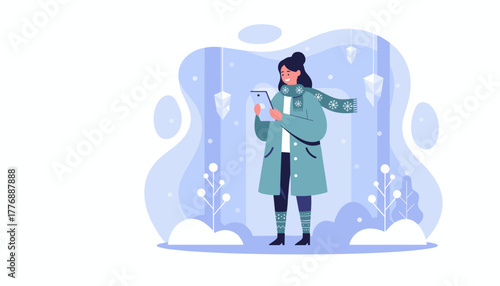 A happy woman uses a digital tablet outdoors in a stylized winter landscape bundled up in warm clothes