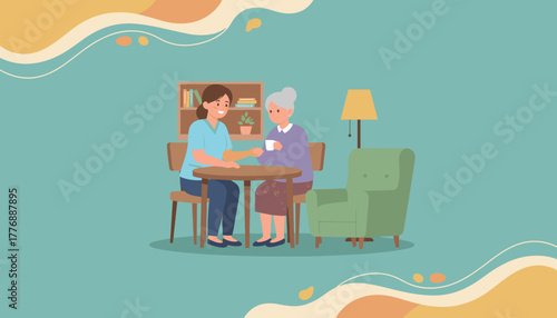 Support and companionship caregiver and senior woman drinking tea together