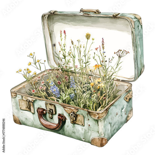 Watercolor Vintage Suitcase Planter with Wildflowers, Vector Illustration
