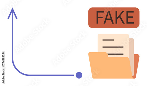 Upward arrow pointing to documents labeled fake in a folder. Ideal for data analysis, fraud detection, misinformation, file management, trend growth, auditing, and security awareness. Simple flat