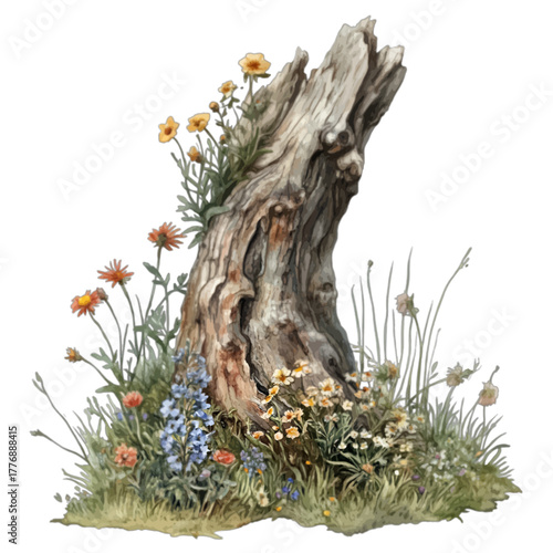 Watercolor Wildflowers Growing on Weathered Tree Stump, Vector Illustration
