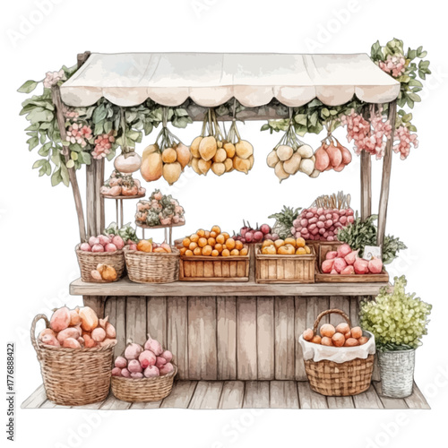 Rustic Farmers Market Stall with Fresh Fruits and Vegetables, Vector Illustration
