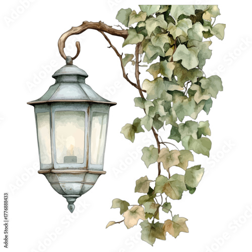Vintage Outdoor Wall Lantern with Green Ivy Branches, Watercolor Vector Illustration
