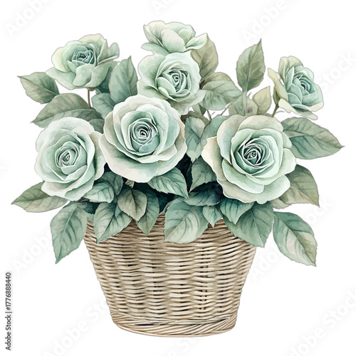 Watercolor Mint Green Roses in Wicker Basket, Vector Illustration
