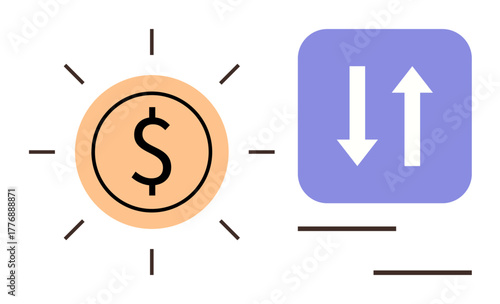 Orange coin with dollar sign surrounded by radiant lines next to arrows indicating currency exchange. Ideal for finance, banking, money transfer, fintech, global trade, investment, simple flat