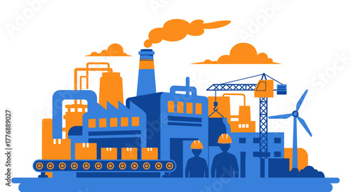 Flat design of industrial factory production logistics and supply chain with workers