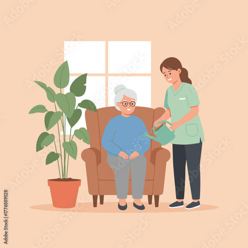 Caregiver waters houseplant while elderly woman rests in armchair Home care and support