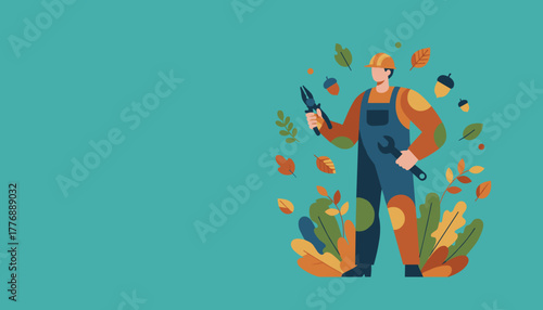 Seasonal worker holding tools surrounded by autumn leaves and acorns on a teal background