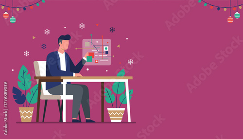 Business professional analyzing data metrics during the festive holiday season Vector illustration