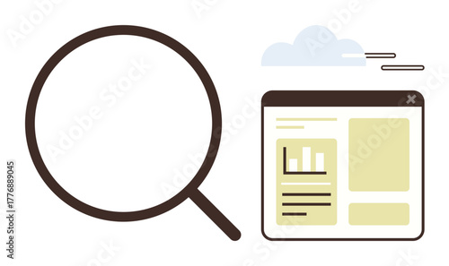 Magnifying glass next to a website browser showing analytics and bar charts. Ideal for analytics, research, search, investigation, data management, online tools, and discovery. Simple flat metaphor