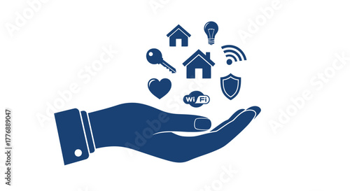 A hand offering icons representing smart home security and wellbeing