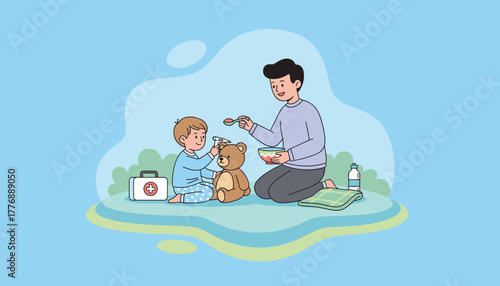 Father feeds sick child medicine while the boy uses a thermometer on his teddy bear