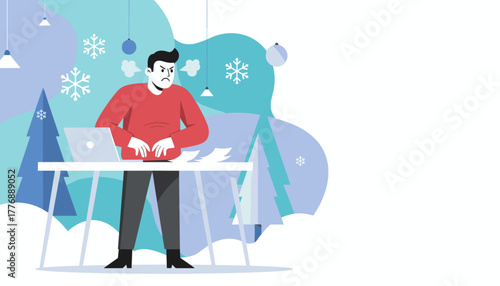 Angry man working on laptop in winter office Holiday deadline stress or seasonal business frustration