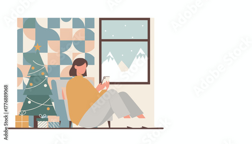 Cozy woman using phone by Christmas tree snowy window view Winter holidays