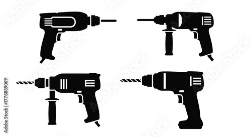 Four black silhouette illustrations of different power drill designs displayed