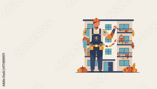 Electrician standing by apartment building decorated for Autumn holiday season Maintenance service concept