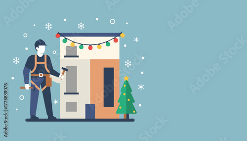 Repairman working near a festive building with Christmas lights and falling snow Home maintenance
