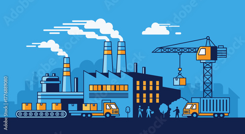 Manufacturing process and global logistics concept Factory production vector artwork