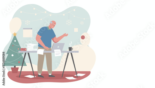 Overworked senior man stressed by holiday deadlines while using laptop at desk