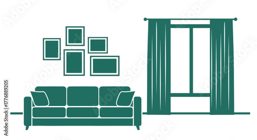 Simple teal illustration of a living room with sofa art and window