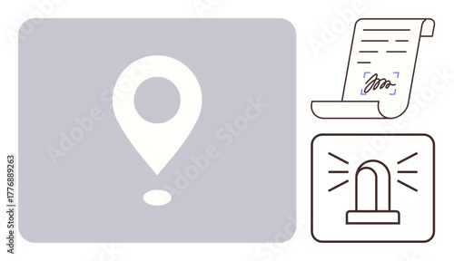 Minimalistic design showing a location pin, signed document, and emergency alert light. Ideal for notification, location services, legal agreements, information awareness, alert, authority simple