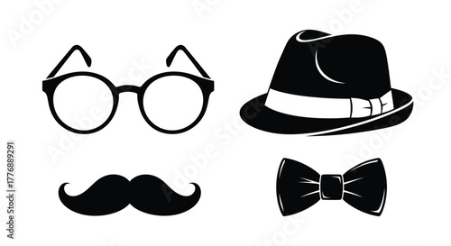Classic gentleman s accessories hat glasses mustache and bow tie illustration