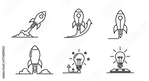 Rocket ships lightbulbs and innovation icons in a minimalist line art style