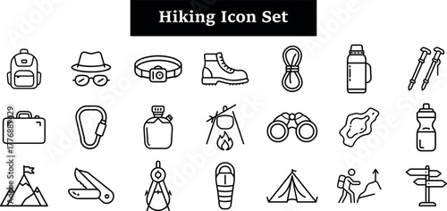 Collection of hiking and camping icons, isolated on transparent background, featuring backpack, hat, sunglasses, belt, boot, rope, thermos, trekking poles, briefcase, carabiner, campfire, signpost