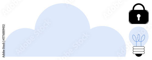 Large cloud, black lock, and light bulb with leaf sprout symbolize cloud storage, cybersecurity, eco-friendly innovation. Ideal for technology, security, sustainability, creativity energy