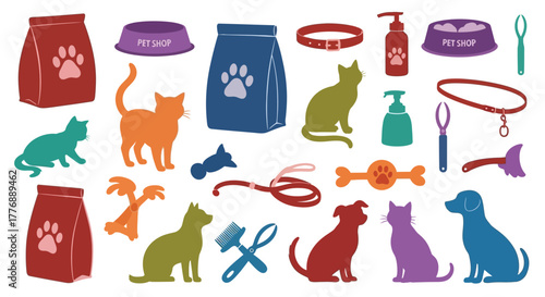 Colorful silhouettes of cats dogs and various pet supplies illustrated together