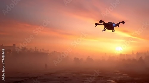 Dawn Patrol: A Drone's Eye View of a Fog-Shrouded Metropolis at Sunrise, Capturing Technology and the Mysterious Aura of an Emerging Day