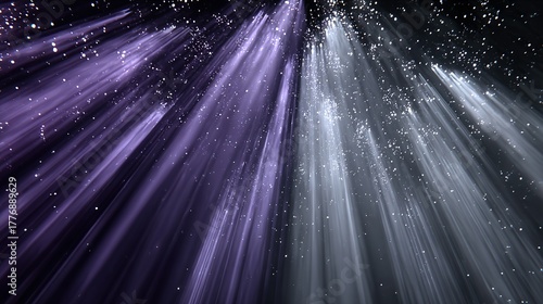Abstract light rays shine in dark space purple and white color gradient.