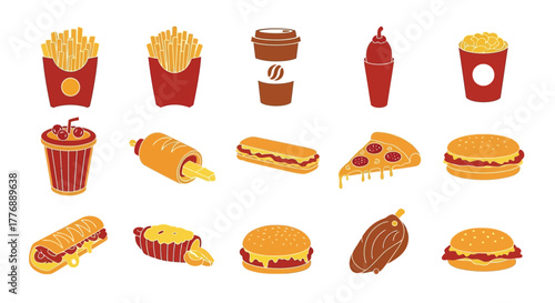 Collection of various fast food items including fries burgers and pizza