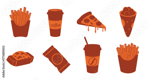 A collection of fast food items including coffee fries and desserts