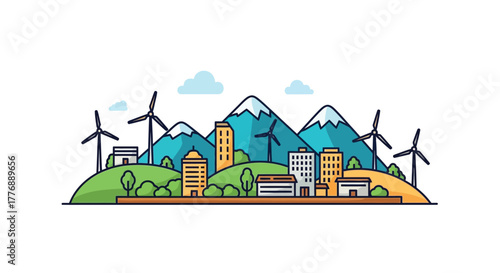 Cartoon illustration of a city nestled amongst mountains and wind turbines
