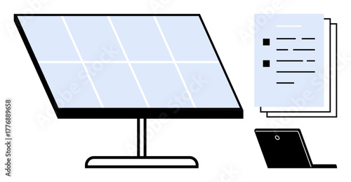Solar panel on a stand, stack of documents, and laptop highlighting energy efficiency, data review, eco-friendly practices, and technology. Ideal for sustainability, research, green technology