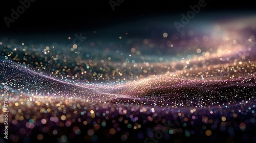 Abstract cosmic background with swirling light particles and dark space.