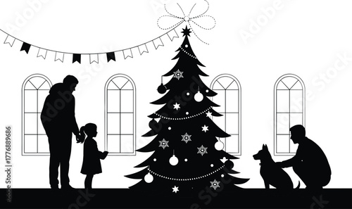 Christmas silhouette illustration, festive family moment, decorated tree, holiday celebration, pet interaction, winter scene, black and white art, seasonal joy, togetherness
