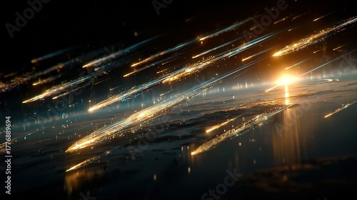 Streaks of light fall across a dark landscape with a bright light source.